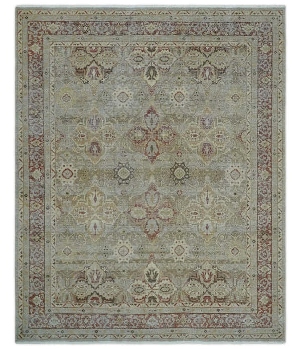 Custom Made Hand Knotted Olive and Rust Distressed Traditional Antique Look Wool Rug