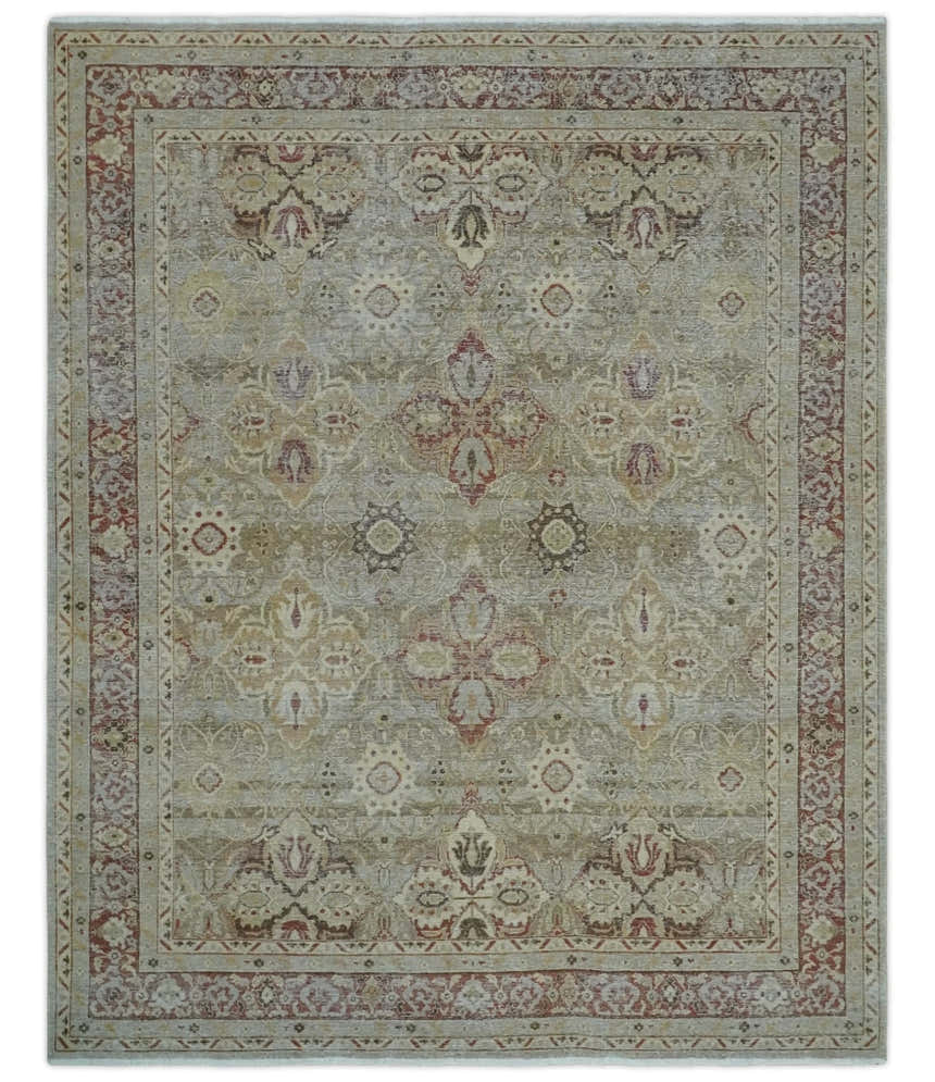 Custom Made Hand Knotted Olive and Rust Distressed Traditional Antique Look Wool Rug