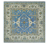 Custom Made Hand Knotted Oriental Oushak Blue and Ivory Wool Area Rug