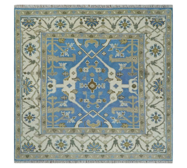 Custom Made Hand Knotted Oriental Oushak Blue and Ivory Wool Area Rug