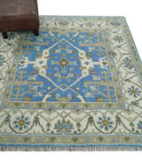 Custom Made Hand Knotted Oriental Oushak Blue and Ivory Wool Area Rug