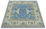 Custom Made Hand Knotted Oriental Oushak Blue and Ivory Wool Area Rug