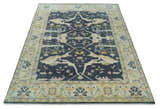 Custom Made Hand Knotted Oriental Oushak Charcoal, Ivory and Olive Wool Area Rug