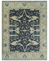 Custom Made Hand Knotted Oriental Oushak Charcoal, Ivory and Olive Wool Area Rug