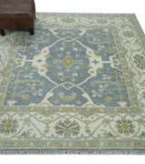 Custom Made Hand Knotted Oriental Oushak Ivory, Charcoal and Olive Wool Area Rug
