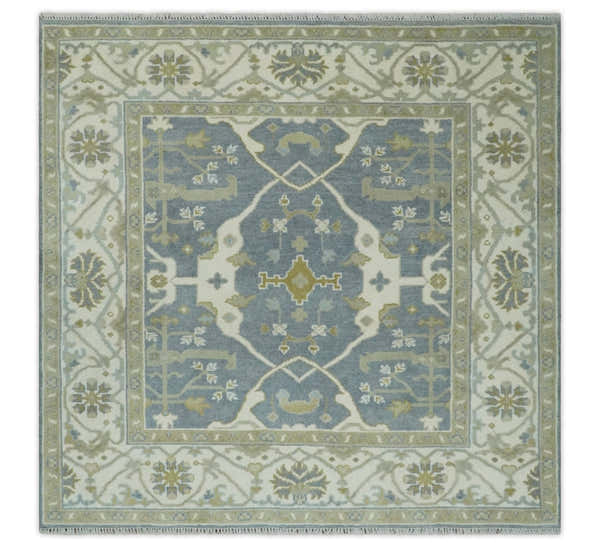 Custom Made Hand Knotted Oriental Oushak Ivory, Charcoal and Olive Wool Area Rug
