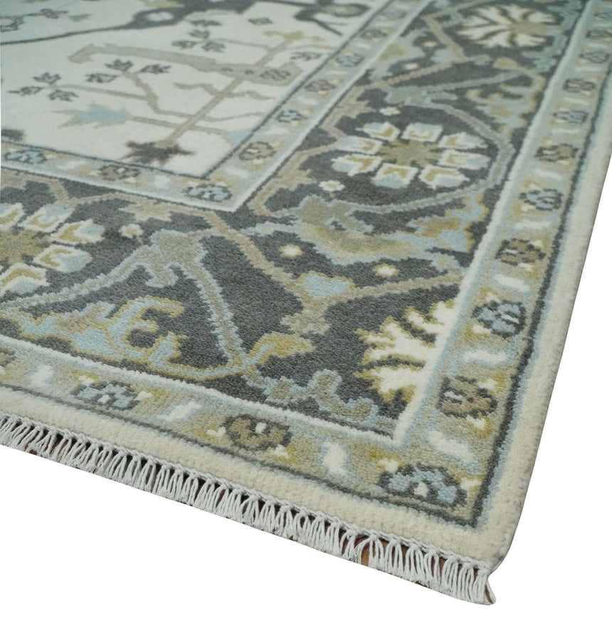 Custom made Hand Knotted Oriental Oushak Ivory, Charcoal and Olive Wool Area Rug