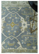 Custom Made Hand Knotted Oriental Oushak Ivory, Charcoal and Olive Wool Area Rug