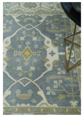Custom Made Hand Knotted Oriental Oushak Ivory, Charcoal and Olive Wool Area Rug