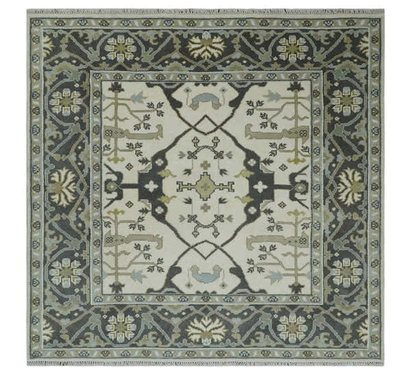Custom made Hand Knotted Oriental Oushak Ivory, Charcoal and Olive Wool Area Rug