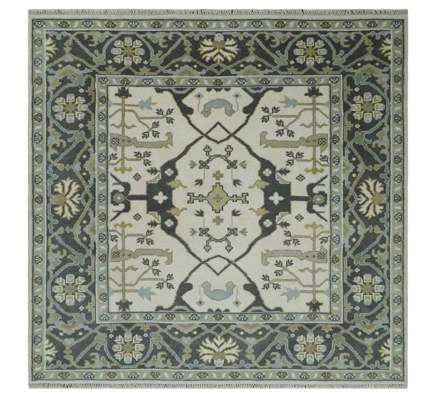 Custom made Hand Knotted Oriental Oushak Ivory, Charcoal and Olive Wool Area Rug