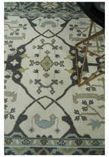 Custom made Hand Knotted Oriental Oushak Ivory, Charcoal and Olive Wool Area Rug
