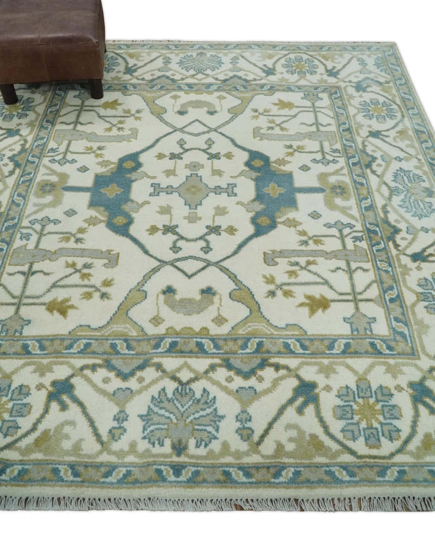 Custom Made Hand Knotted Oriental Oushak Ivory, Teal and Beige Wool Area Rug