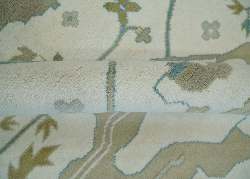 Custom Made Hand Knotted Oriental Oushak Ivory, Teal and Beige Wool Area Rug