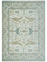 Custom Made Hand Knotted Oriental Oushak Ivory, Teal and Beige Wool Area Rug