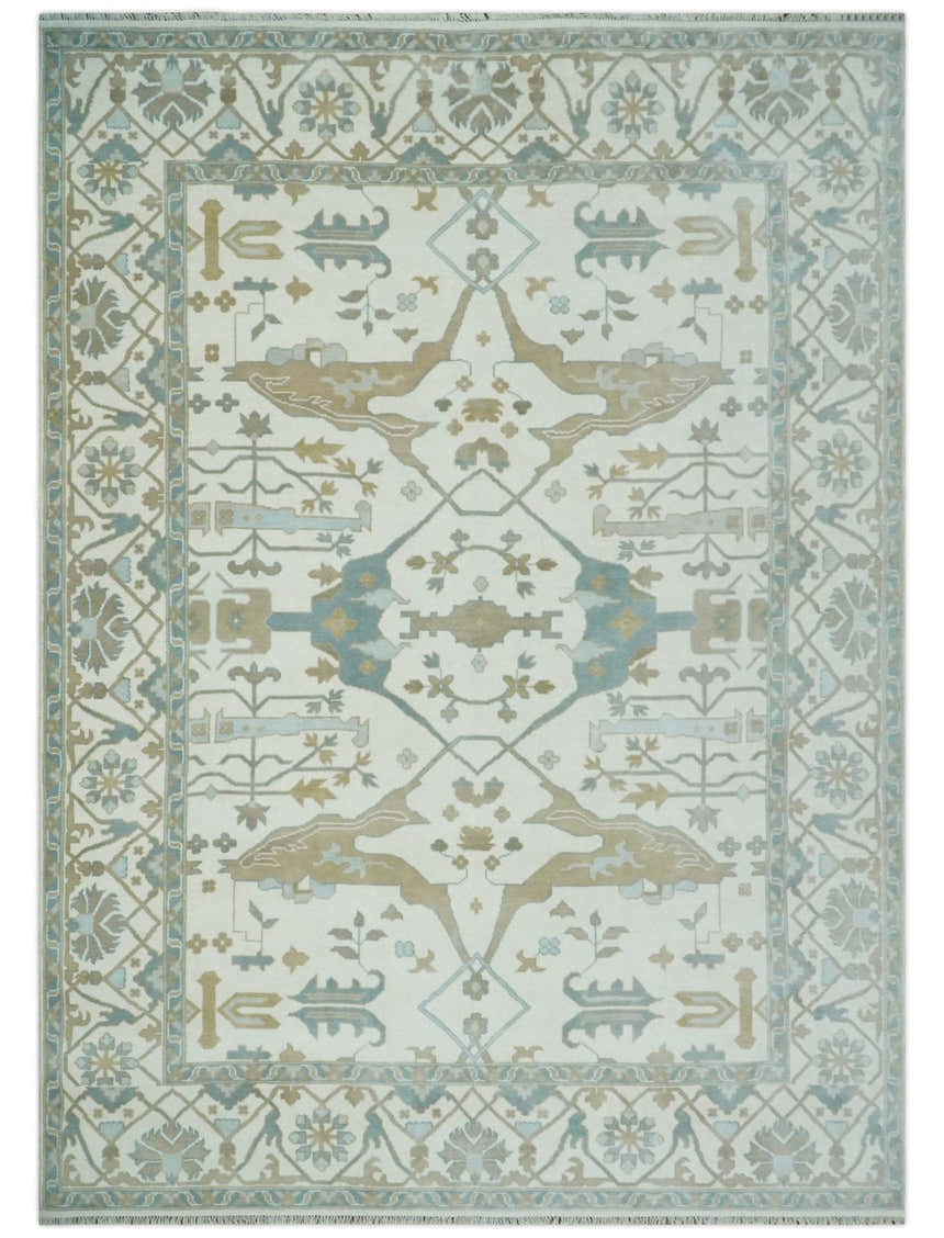 Custom Made Hand Knotted Oriental Oushak Ivory, Teal and Beige Wool Area Rug