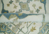 Custom Made Hand Knotted Oriental Oushak Ivory, Teal and Beige Wool Area Rug