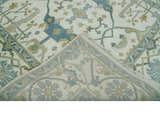Custom Made Hand Knotted Oriental Oushak Ivory, Teal and Beige Wool Area Rug