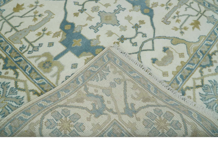 Custom Made Hand Knotted Oriental Oushak Ivory, Teal and Beige Wool Area Rug