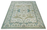 Custom Made Hand Knotted Oriental Oushak Ivory, Teal and Beige Wool Area Rug