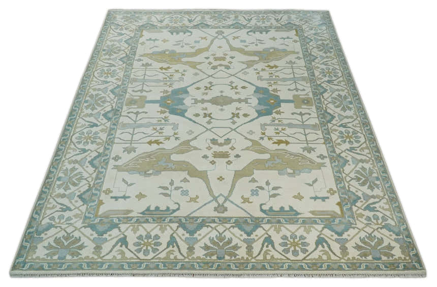Custom Made Hand Knotted Oriental Oushak Ivory, Teal and Beige Wool Area Rug