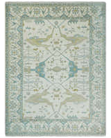 Custom Made Hand Knotted Oriental Oushak Ivory, Teal and Beige Wool Area Rug