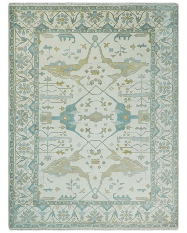 Custom Made Hand Knotted Oriental Oushak Ivory, Teal and Beige Wool Area Rug
