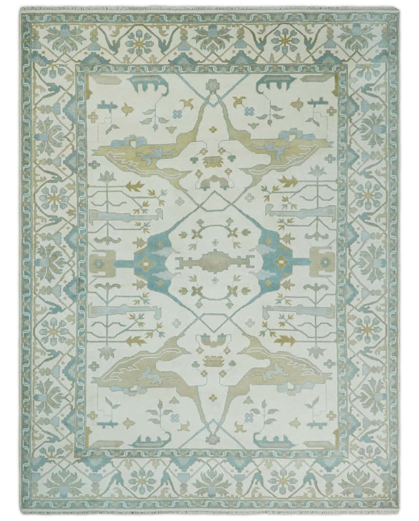 Custom Made Hand Knotted Oriental Oushak Ivory, Teal and Beige Wool Area Rug