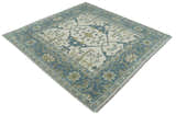 Custom Made Hand Knotted Oriental Oushak Ivory, Teal and Beige Wool Area Rug