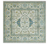 Custom Made Hand Knotted Oriental Oushak Ivory, Teal and Beige Wool Area Rug