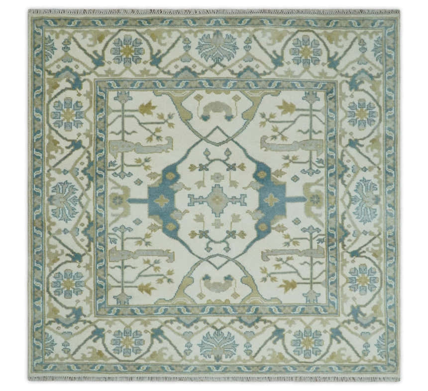 Custom Made Hand Knotted Oriental Oushak Ivory, Teal and Beige Wool Area Rug
