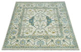 Custom Made Hand Knotted Oriental Oushak Ivory, Teal and Beige Wool Area Rug
