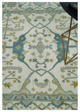 Custom Made Hand Knotted Oriental Oushak Ivory, Teal and Beige Wool Area Rug