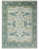 Custom Made Hand Knotted Oriental Oushak Ivory, Teal and Beige Wool Area Rug