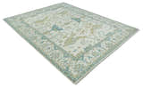 Custom Made Hand Knotted Oriental Oushak Ivory, Teal and Beige Wool Area Rug