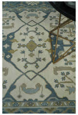 Custom Made Hand Knotted Oriental Oushak Ivory, Teal and Beige Wool Area Rug