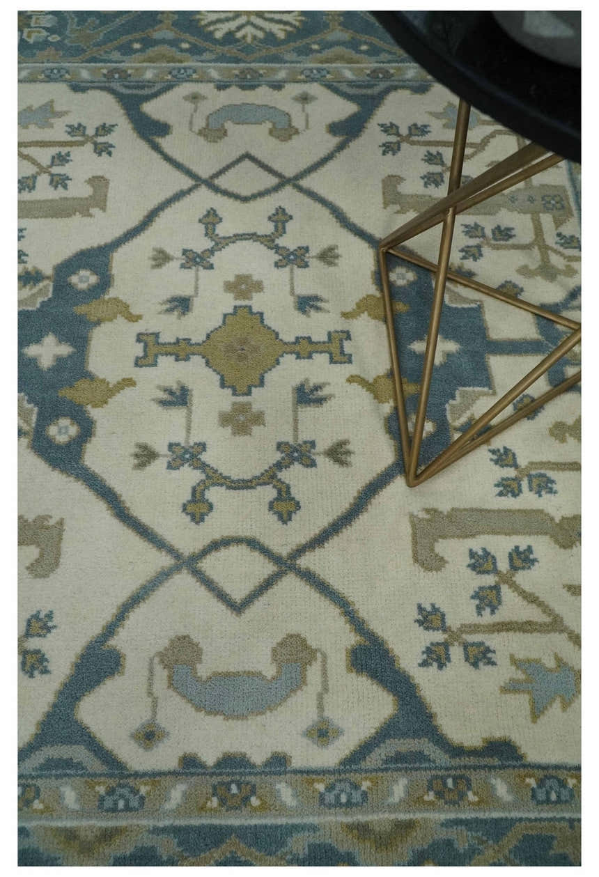 Custom Made Hand Knotted Oriental Oushak Ivory, Teal and Beige Wool Area Rug