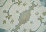 Custom Made Hand Knotted Oriental Oushak Ivory, Teal and Beige Wool Area Rug