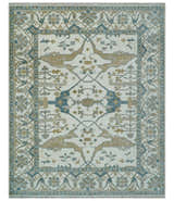 Custom Made Hand Knotted Oriental Oushak Ivory, Teal and Beige Wool Area Rug