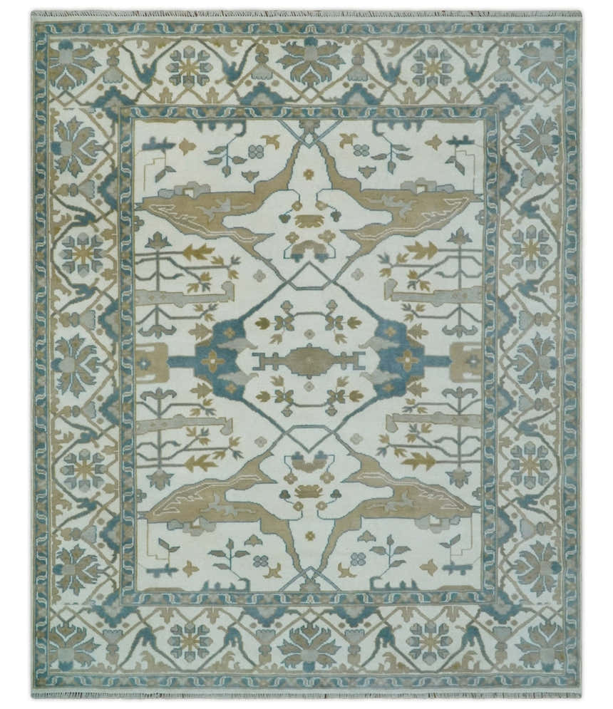 Custom Made Hand Knotted Oriental Oushak Ivory, Teal and Beige Wool Area Rug