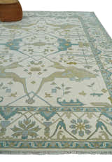 Custom Made Hand Knotted Oriental Oushak Ivory, Teal and Beige Wool Area Rug