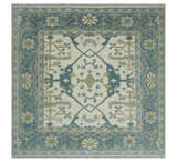 Custom Made Hand Knotted Oriental Oushak Ivory, Teal and Beige Wool Area Rug