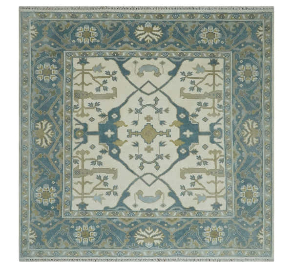 Custom Made Hand Knotted Oriental Oushak Ivory, Teal and Beige Wool Area Rug
