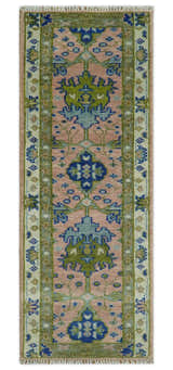 Custom Made Hand knotted Peach, Green and Blue Antique Design Area Rug