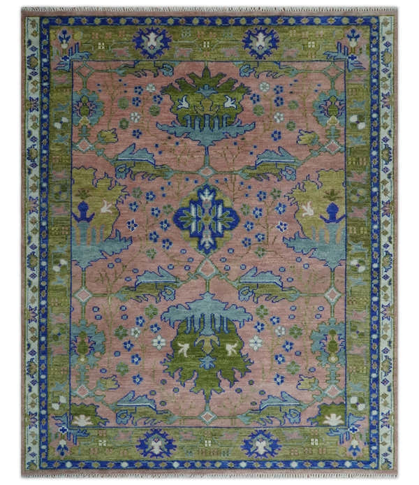 Custom Made Hand knotted Peach, Green and Blue Antique Design Area Rug