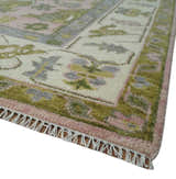 Custom Made Hand Knotted Peach, Ivory and Olive Traditional Style Wool Area Rug