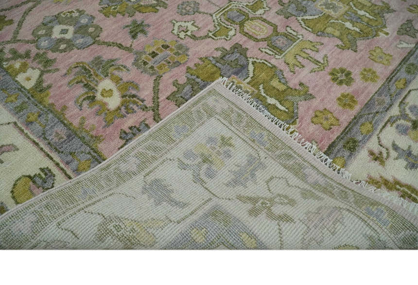 Custom Made Hand Knotted Peach, Ivory and Olive Traditional Style Wool Area Rug