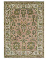 Custom Made Hand Knotted Peach, Ivory and Olive Traditional Style Wool Area Rug