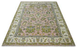 Custom Made Hand Knotted Peach, Ivory and Olive Traditional Style Wool Area Rug