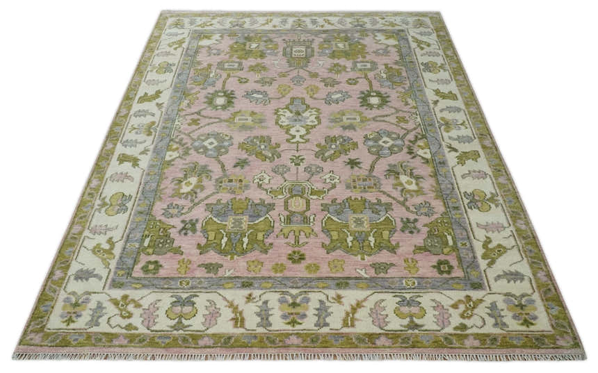 Custom Made Hand Knotted Peach, Ivory and Olive Traditional Style Wool Area Rug